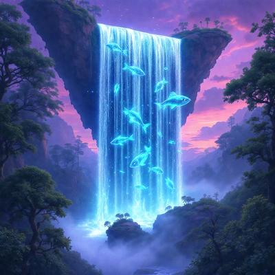 The primary subject of the image is a waterfall with a blue glow, surrounded by a lush forest. The waterfall is located in the middle of the scene, and the surrounding trees and vegetation create a serene and natural atmosphere. The visual style of the image is a combination of photo and digital art, with the waterfall and surrounding environment appearing to be digitally rendered. The dominant colors in the image are blue and green, with the blue glow of the waterfall adding a unique and captivating element to the scene.